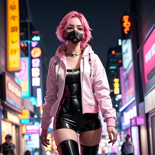 young confident cyberpunk woman lightly dressed with pink hair and she wears a sci-fi face mask, inspired by Marin Kitagawa, wear a hood, On a rain-soaked street at night, photorealestic, cinematic lighting