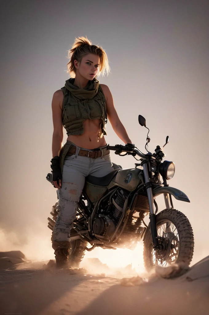 masterpiece, portrait of a beautiful 17-year-old Russian girl in a post-apocalyptic desert, Punk blonde with short hair, shaved on the sides, grey-blue eyes, very pale skin, highly detailed skin, Cool face, Tense face, Dramatic face, Hard Face, wearing dirty white military pants, wear a white and gray military scarf, wear a winter camouflage military vest in gray and white, wear punk style jewelry, Viking tattoos on skin, Cool Girl, The Killer Girl, Wild Girl, postapocalyptic style, RAW, dramatic lighting, threatening the Scandinavian skies, 8 k, Ultra high resolution.Photorealistic, uhd, First phase of XF IQ4, 150 MP, post-apocalyptic desert arid landscape in the background, dirt, dust, rumbles, wreckage, action pose, (Mad Max movie atmosphere:1.2)