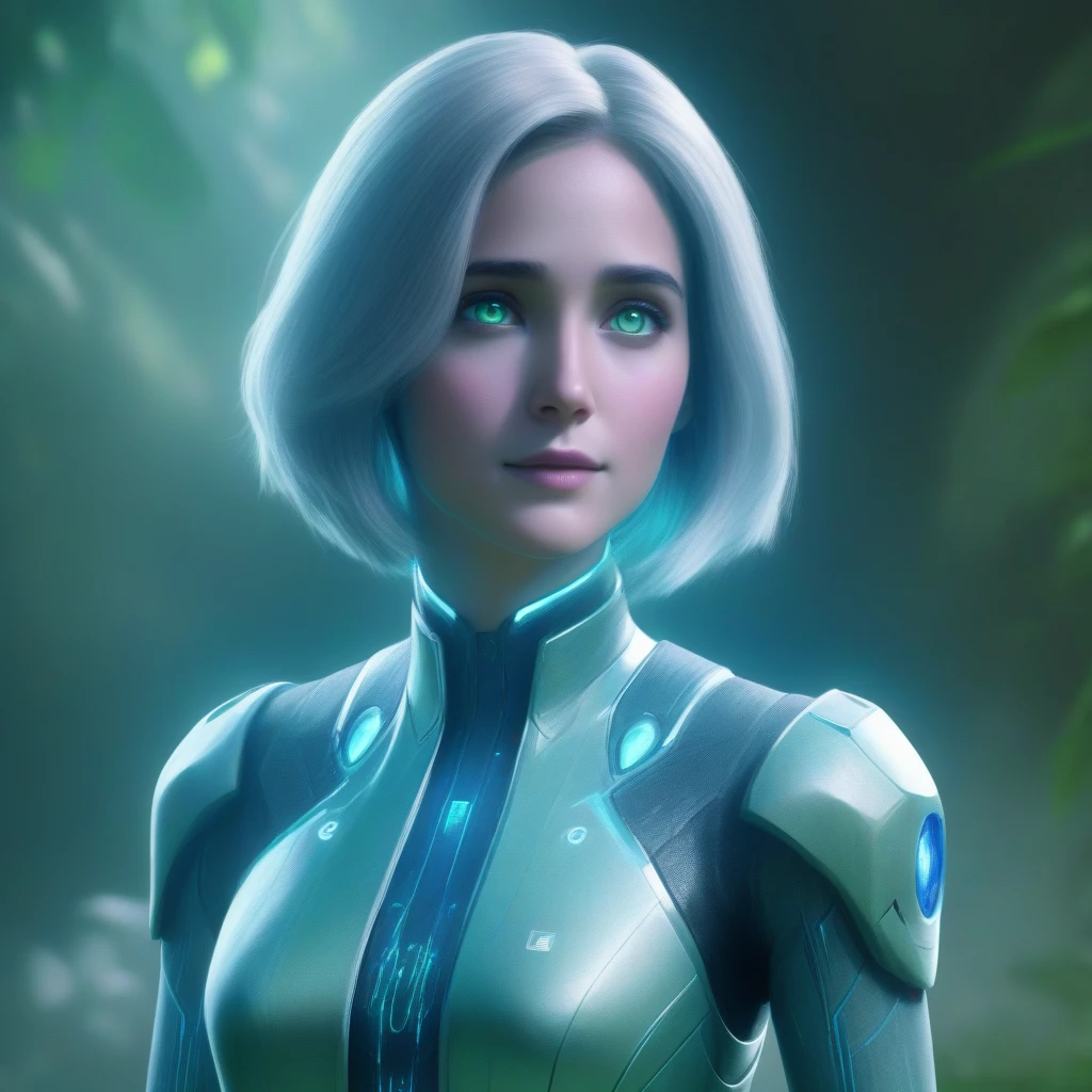 (hyperrealistic, best quality, 4k), sweet Cortana with ethereal silver medium hair and green eyes. like Cortana from Halo. in party colorful country dress, The image should be high-quality, high-definition. elegance and sophistication