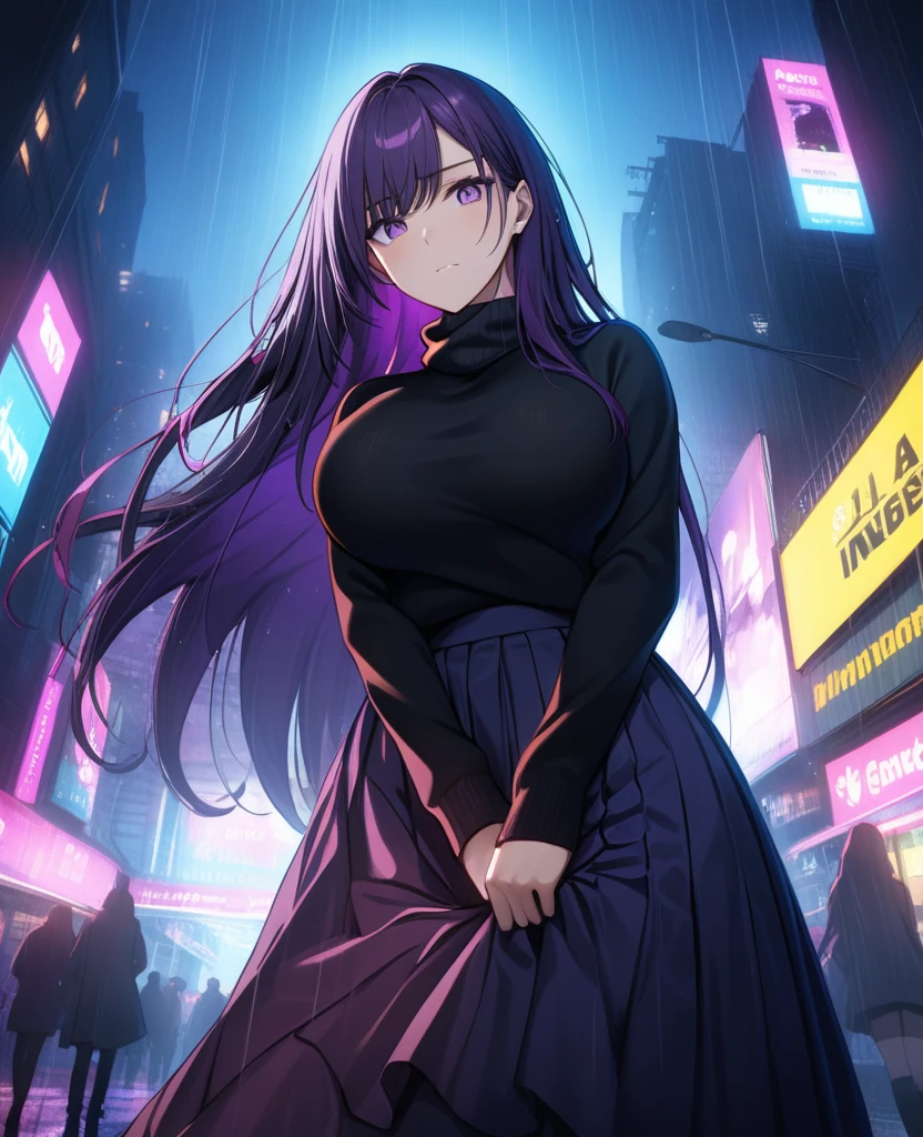 night, Colorful cyberpunk city background, rain, street, (Very long hair:1.25), Dark purple hair, Purple Eyes Shining Eyes, Large Breasts, Turtleneck sweater, (Long skirt:1.25), Colorful Skirts, (Be incontinent:1.5), Stern expression, black, Backlight, shine, Find your audience, Low angle shot, Look up at the camera, Perfect composition, Perfect light and shadow, 8K