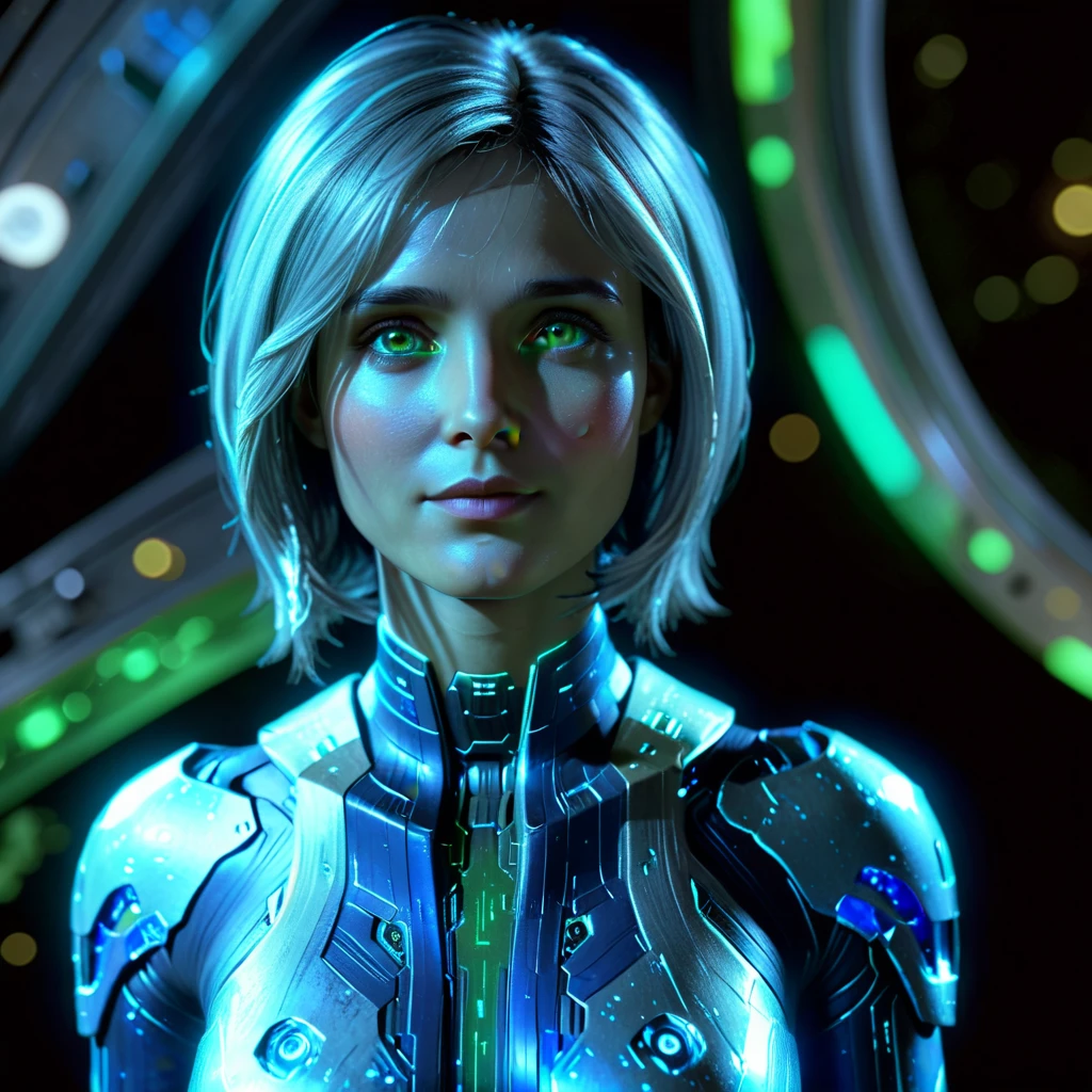 (hyperrealistisch, beste Qualität, 4k), süße Cortana mit ätherischem silbernen mittellangen Haar und grünen Augen. wie Cortana von Halo. im farbenfrohen Country-Outfit, Das Bild sollte von hoher Qualität sein, hochauflösend. Eleganz und Raffinesse
