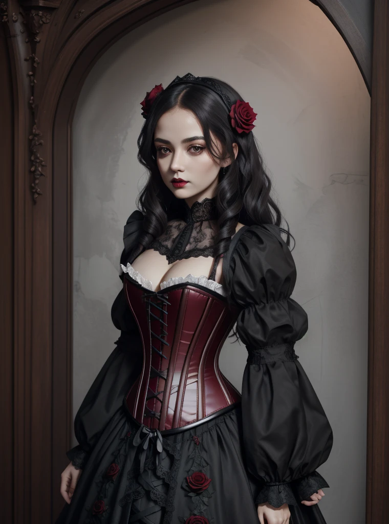 Gothic style 8k, masterpiece, highly detailed, 1girl, (red underbust corset), full body, long dress, roses, (lace blouse), rose hair ornament, Dark, mysterious, haunting, dramatic, ornate, detailed