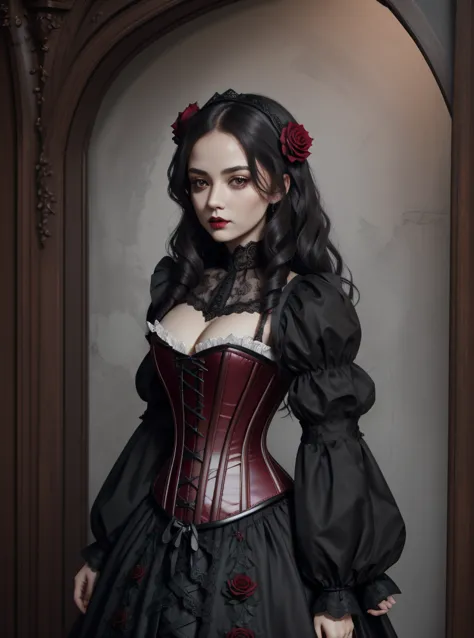 Gothic style 8k, masterpiece, highly detailed, 1girl, (red underbust corset), full body, long dress, roses, (lace blouse), rose ...