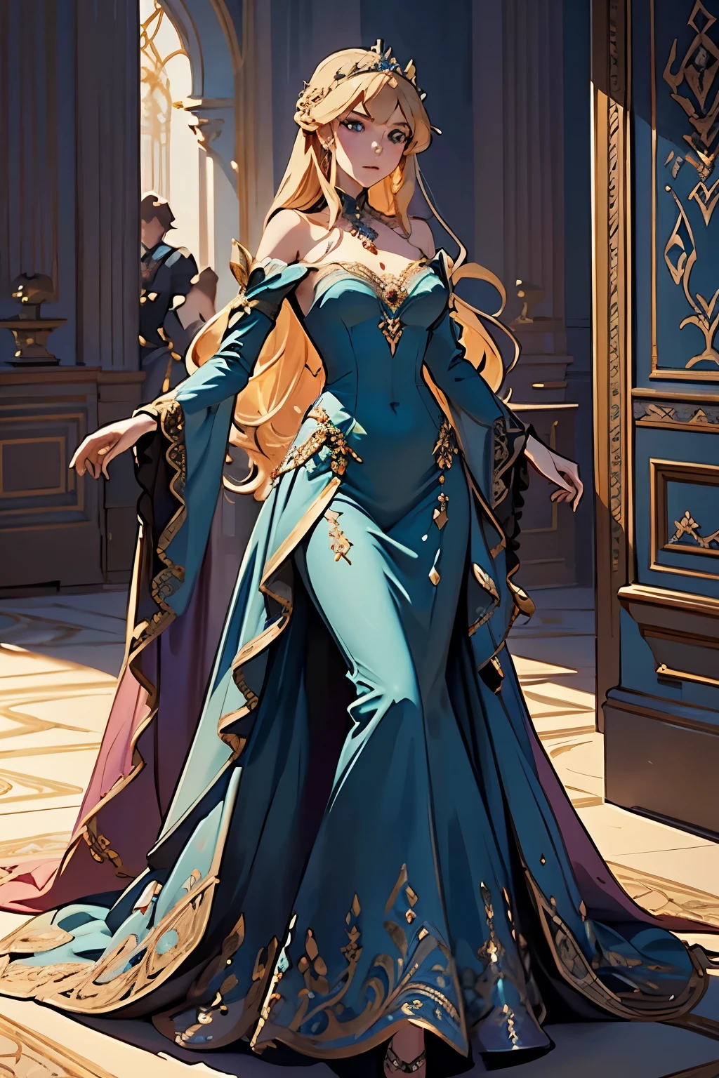 Lady Seraphina is a noble baroness in a fantasy world. She exudes elegance, grace, and authority. Please create a character design that captures her opulent and sophisticated appearance:

Hair: Long, flowing blond hair adorned with luxurious accessories such as jeweled pins, delicate flowers, and intricate braids.
Dress: An opulent, floor-length gown in rich, vibrant colors (like deep red, royal blue, or emerald green). The dress should feature elaborate embroidery, sparkling gems, and fine lace details. Consider a design that includes layers, ruffles, or a flowing train to enhance the sense of grandeur.
Accessories: Elegant jewelry such as a statement necklace, chandelier earrings, and ornate rings. A small, delicate tiara or a decorative headpiece should add a touch of regality.
Pose and Expression: Lady Seraphina should have a poised and confident stance, with a serene and commanding expression. Perhaps she could be holding a fan or a scepter to further emphasize her status.
Background: A backdrop that complements her status, such as a luxurious castle interior with grand architecture, velvet drapes, and opulent furnishings.
Capture the essence of Lady Seraphina as a powerful and sophisticated baroness who commands respect and admiration through her refined appearance and noble bearing.