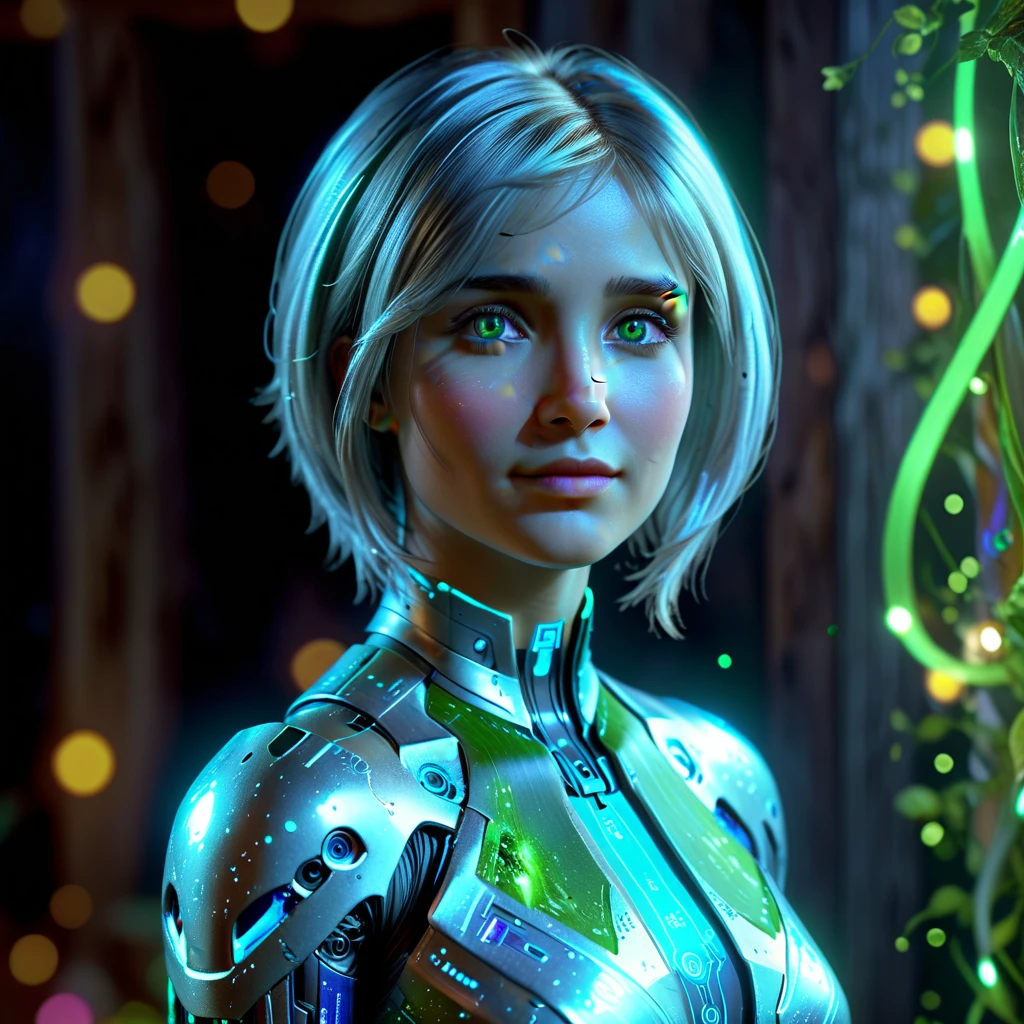 (hiperrealista, melhor qualidade, 4K), doce Cortana com cabelos médios prateados etéreos e olhos verdes. em vestido country colorido, A imagem deve ser de alta qualidade, alta definição. pose fofa
