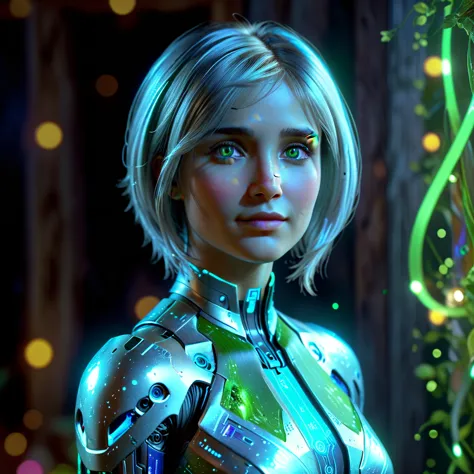 (hyperrealistic, best quality, 4k), sweet Cortana with ethereal silver medium hair and green eyes. in party colorful country dre...