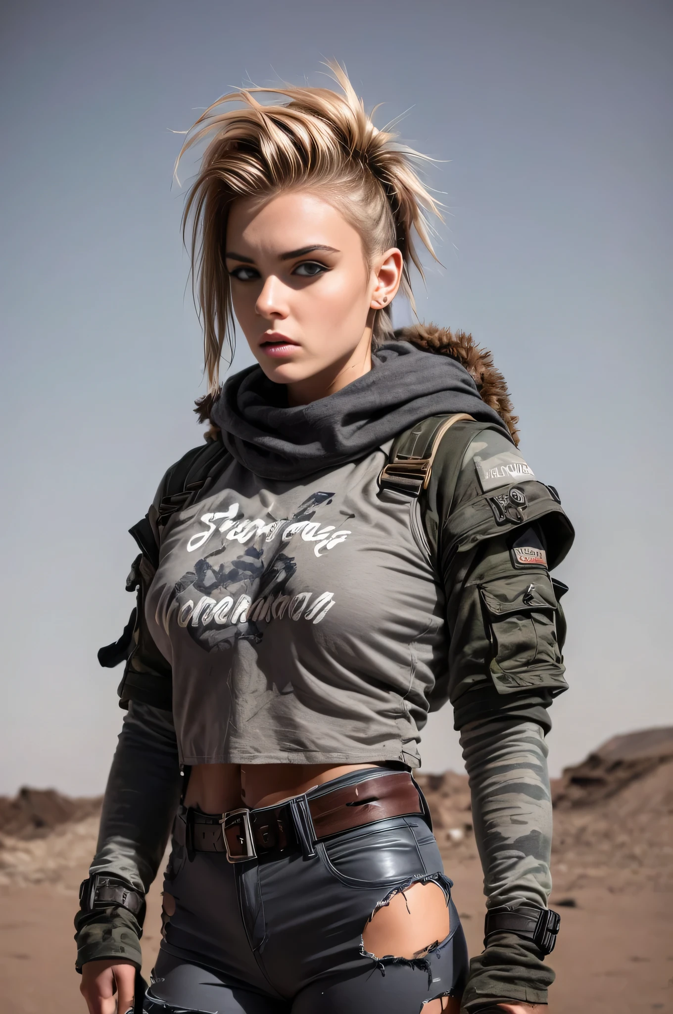 masterpiece, portrait of a beautiful 17-year-old Russian girl in a post-apocalyptic desert, Punk blonde with short hair, shaved on the sides, grey-blue eyes, very pale skin, highly detailed skin, Cool face, Tense face, Dramatic face, Hard Face, wearing dirty white military pants, wear a white and gray military scarf, wear a winter camouflage military vest in gray and white, wear punk style jewelry, Viking tattoos on skin, Cool Girl, The Killer Girl, Wild Girl, postapocalyptic style, RAW, dramatic lighting, threatening the Scandinavian skies, 8 k, Ultra high resolution.Photorealistic, uhd, First phase of XF IQ4, 150 MP, post-apocalyptic desert arid landscape in the background, dirt, dust, rumbles, wreckage, action pose, (Mad Max movie atmosphere:1.2)