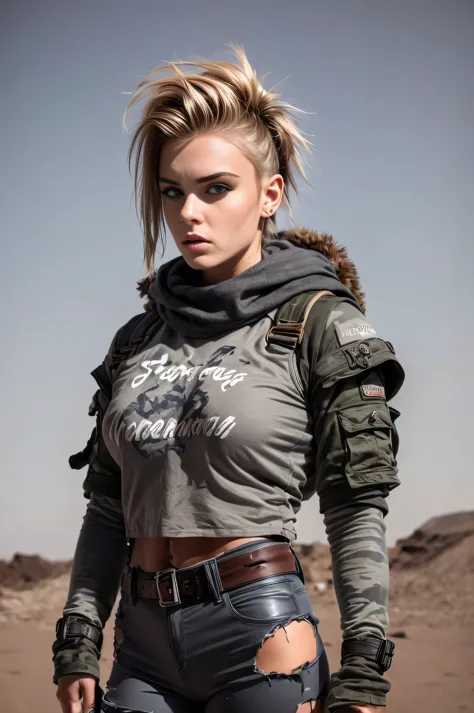 masterpiece, portrait of a beautiful 17-year-old Russian girl in a post-apocalyptic desert, Punk blonde with short hair, shaved ...