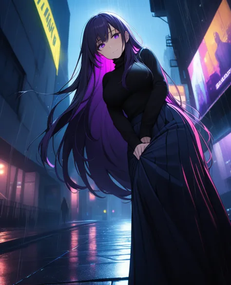 night, Colorful cyberpunk city background, rain, street, (Very long hair:1.25), Dark purple hair, Purple Eyes Shining Eyes, Larg...