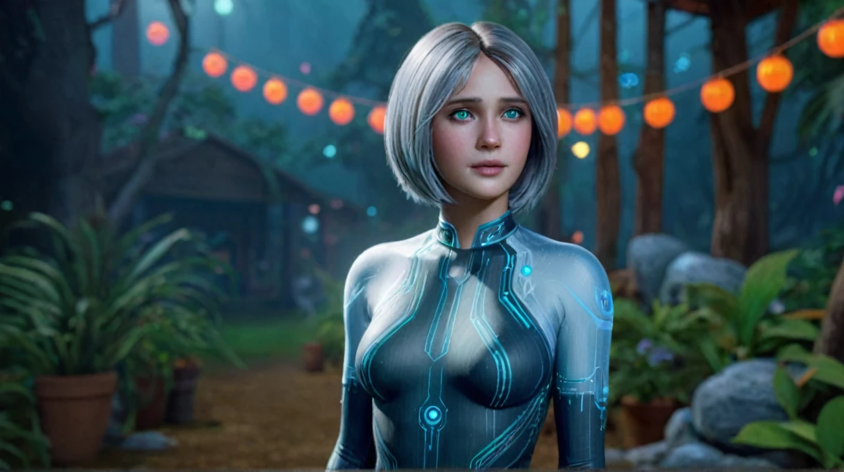 (hyperrealistic, best quality, 4k), sweet Cortana with ethereal silver medium hair and green eyes. in party colorful country dress, The image should be high-quality, high-definition. cute pose
