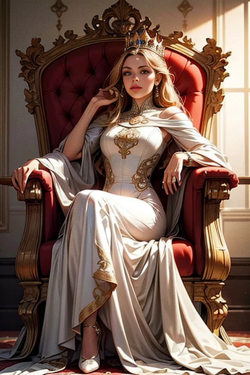 una reina al estilo del imperio europeo medieval, hermosa corona intrincada, Vestido fluido elegante, postura regia, Fondo adornado de la sala del trono, iluminación cálida, Fotorrealista, muy detallado, 8k, iluminación dramática, colores dramáticos, composición cinematográfica