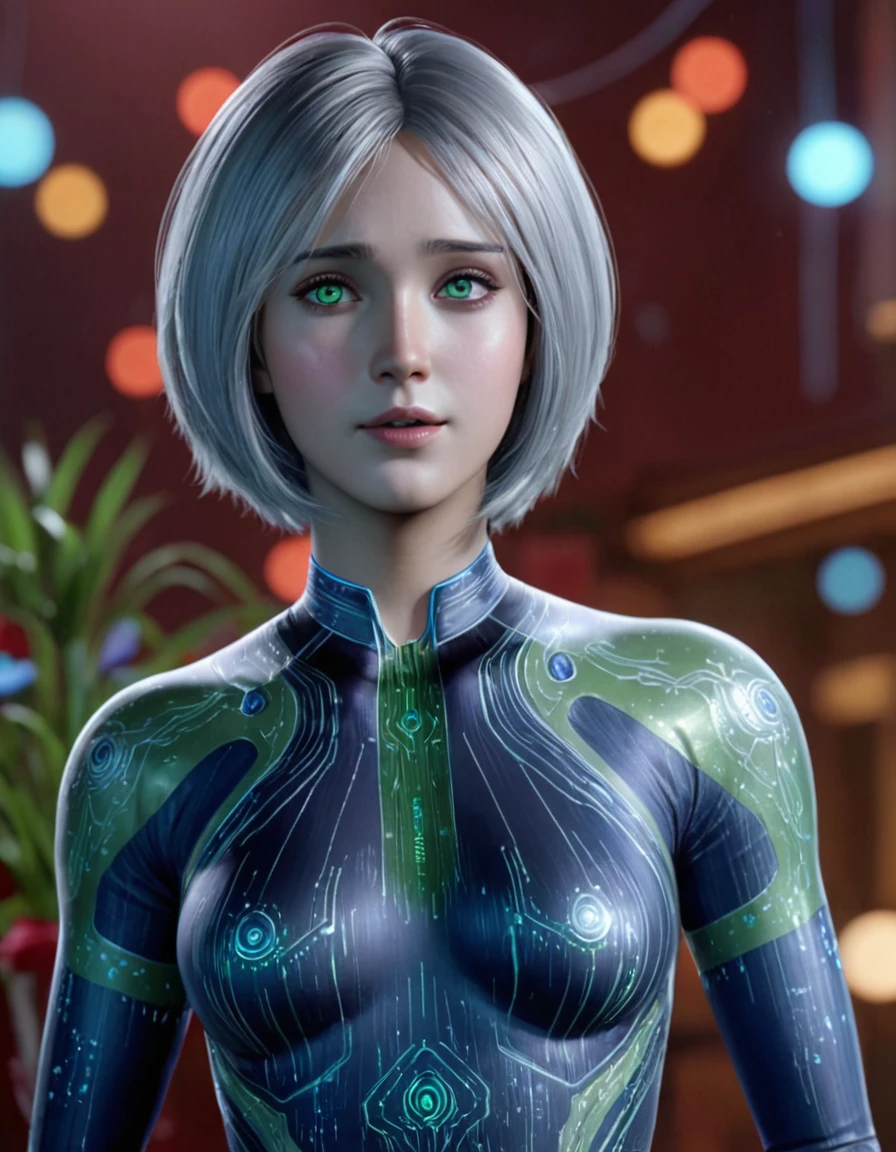 (hyperrealistic, best quality, 4k), sweet Cortana with ethereal light silver hair and green eyes. in party colorful country red pattern dress, The image should be high-quality, high-definition. cute pose
