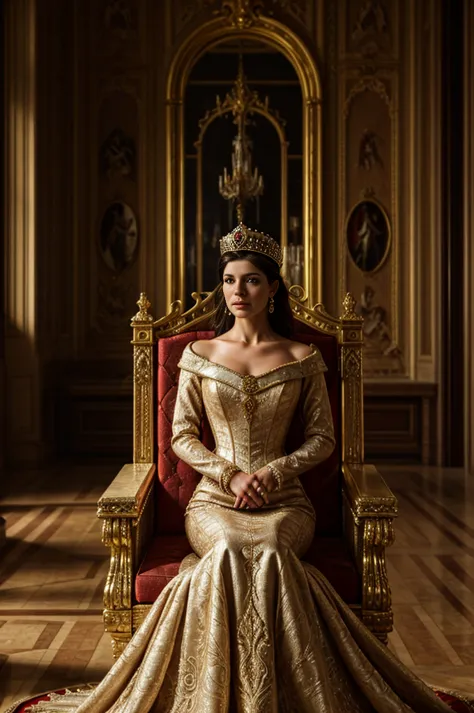 a queen in a medieval european empire style, beautiful intricate crown, elegant flowing gown, regal posture, ornate throne room ...