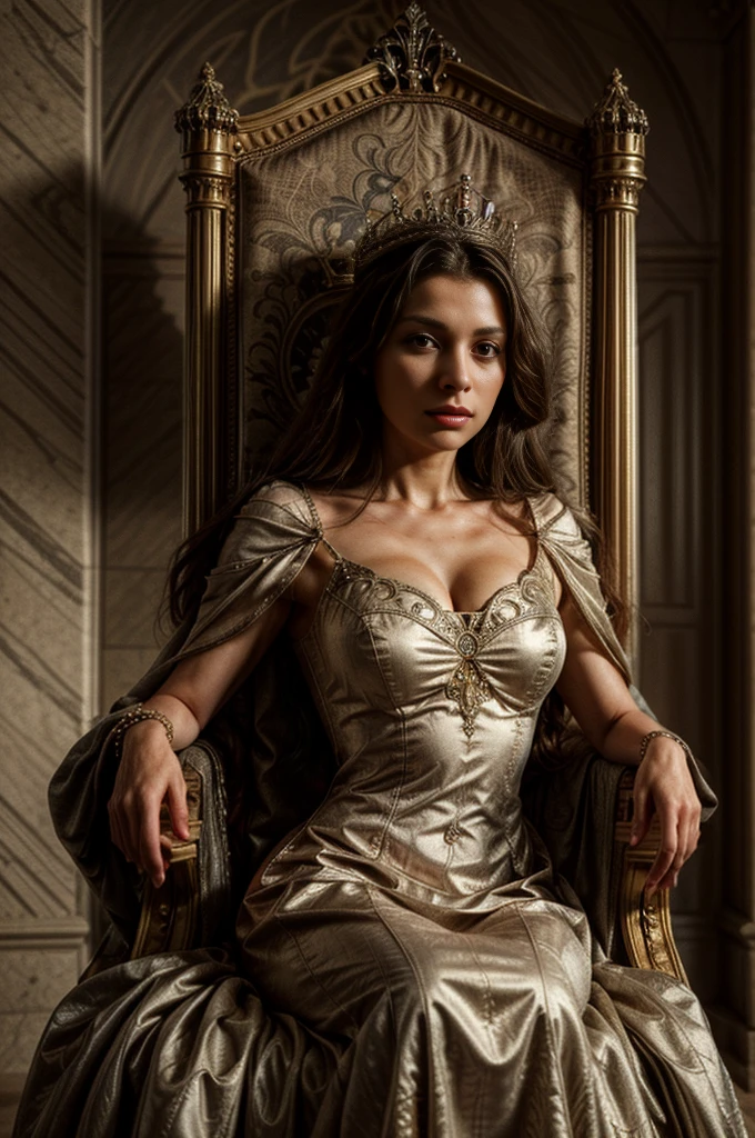 a queen in a medieval european empire style, beautiful intricate crown, elegant flowing gown, regal posture, ornate throne room background, warm lighting, photorealistic, highly detailed, 8k, dramatic lighting, dramatic colors, cinematic composition