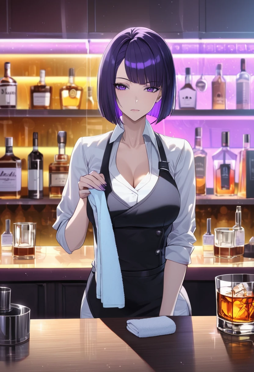 Adult Female, Black purple hair, slanted bob haircut, phlegmatic, stoic expression, perfect purple eyes, cyberpunk bar, bartender, bartender uniform, highly detailed, high quality, perfect quality, 8k, cleaning whiskey glass with towel, solid black pupils, shading