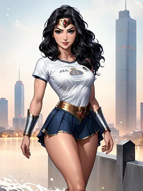 g4lg, wonder woman, ((wearing a white Real Madrid tshirt)), happy, smilling, (pretty face:1.2), (finely detailed face and beauti...