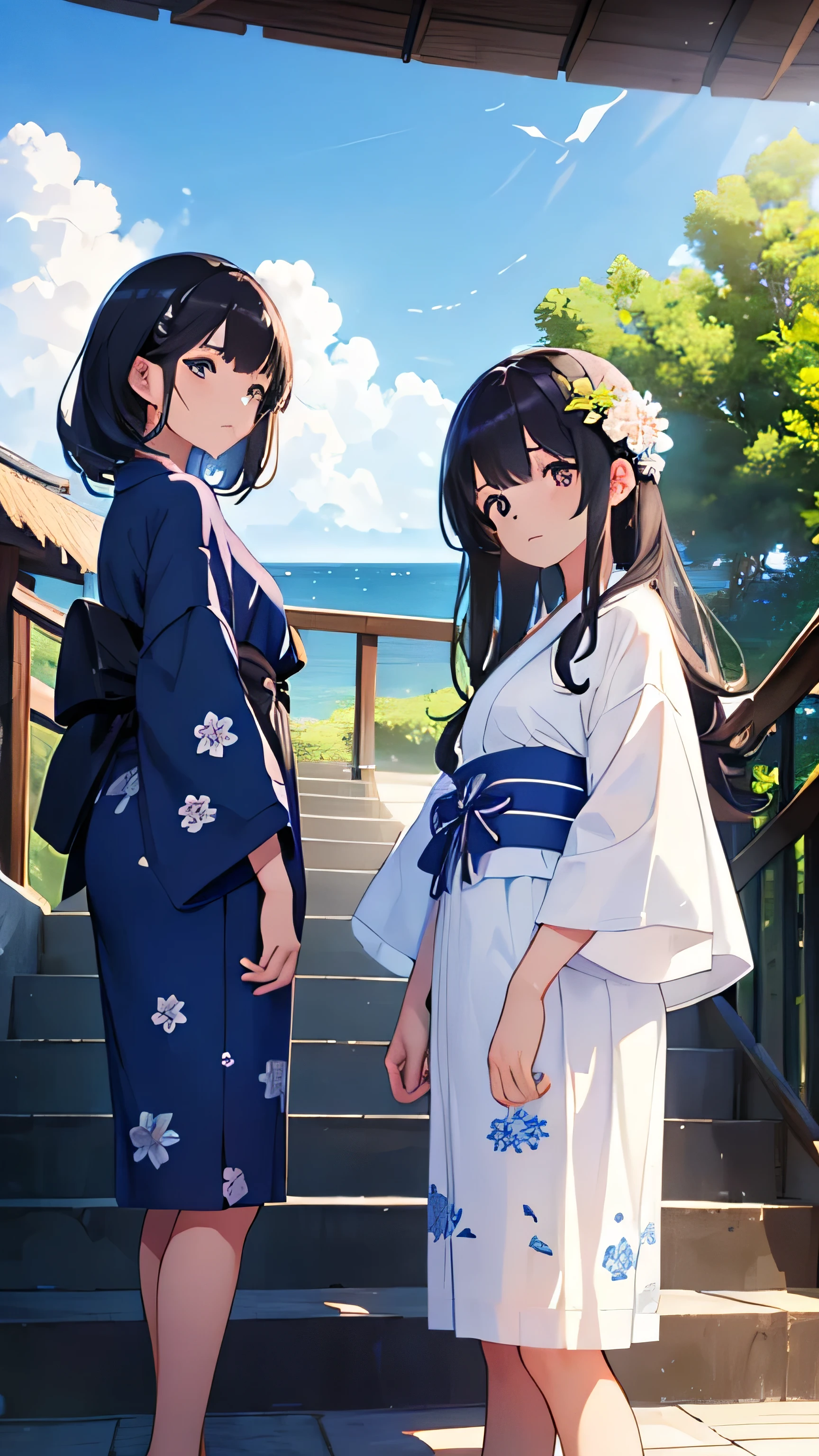 ((Highest quality)), ((masterpiece)), (detailed), One girl, 
Two black-haired sisters standing on the staircase of a summer beach、Blue and white patterned summer yukata、blue sky、morning、Breeze、refreshing、