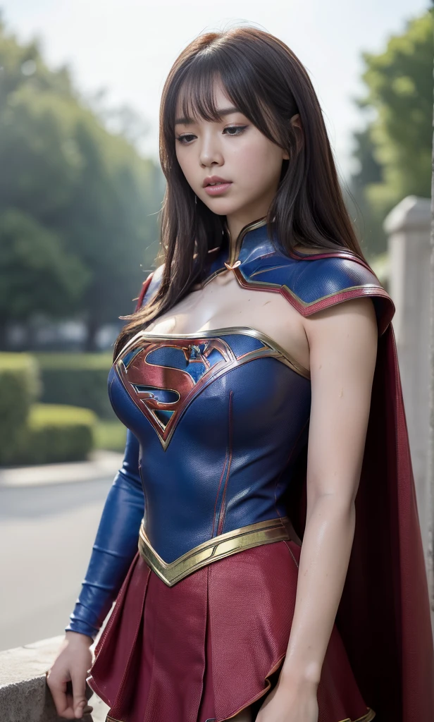 (((Highest quality、8K、masterpiece:1.3))、Supergirl、Supergirl logo on chest、Eyes closed、Head facing down、hang down your neck、Sharp focus:1.2、Beautiful woman with perfect figure:1.4、Slim abs:1.2、((Layered Cut、Huge boobs:1.2))、Wet body:1.5、Highly detailed face and skin texture for Supergirl、Bloodstained、Clothes are shredded、Torn、Highest quality, family friendly, High resolution), 1 Girl, Supergirl、Super Heroine、Bishoujo Warrior、defeat、Lying down&#39;return、case、knock out、Fitted Supergirl Costume、Enlarge your breasts、muscular、alone, From above,sleepy, sleep wine, Doll joints、sleep、it hurts、it hurts look、syncope、cadaver、Beautiful crotch、High detail、8K