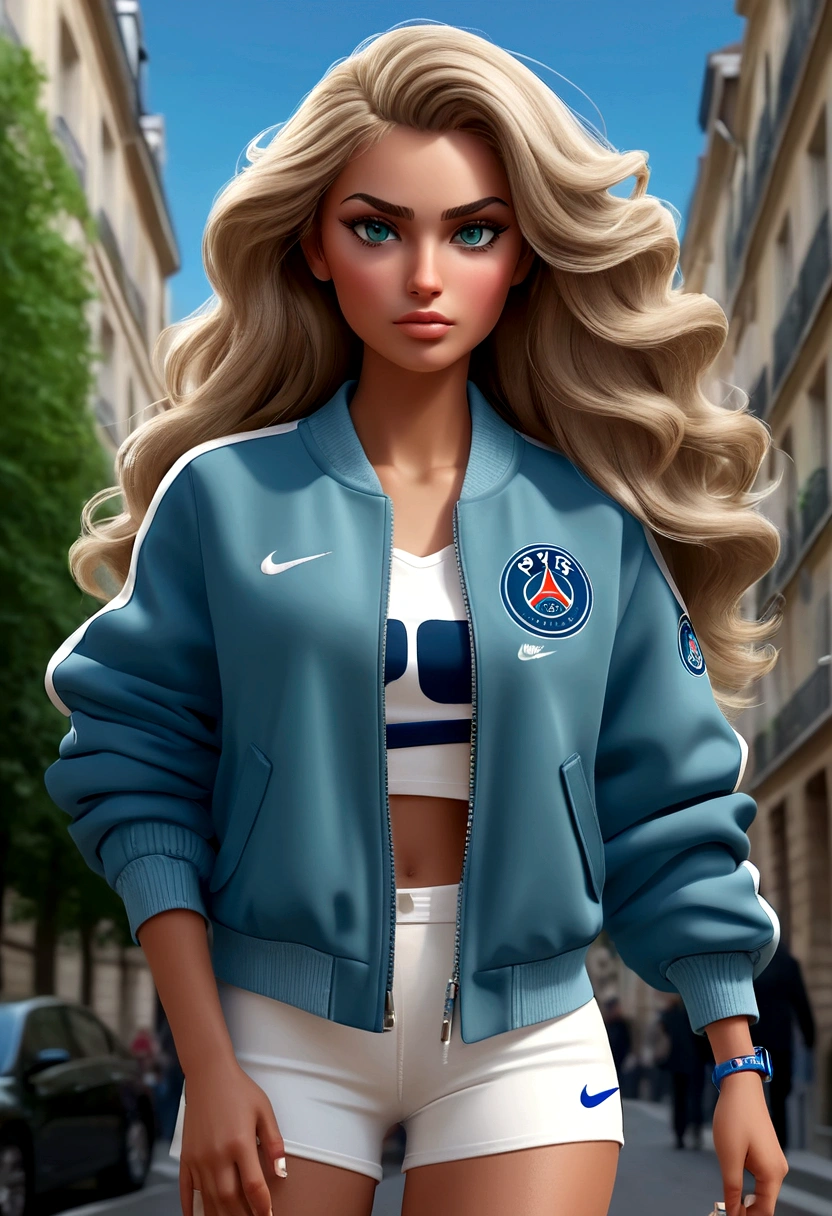 personnage 3D, une Femme slovaque blanche yeux vert avec visage allongées et cheveux longs avec ondulation châtain foncé et reflet blond. Habillée avec Jean, veste tailleur bleu claire et caraco bleu, basket nike air force 1. Marchant à Paris avec logo Psg