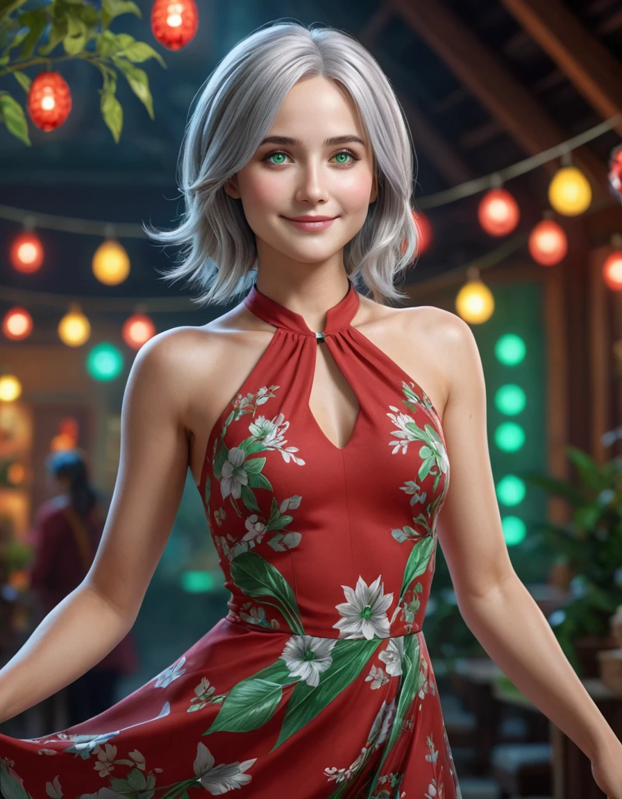 (hiperrrealista, melhor qualidade, 4K), doce, sorriso, Cortana com cabelo prateado claro etéreo e olhos verdes. em um país colorido, um vestido com padrão vermelho, A imagem deve ser de alta qualidade, alta definição. Pose dinâmica fofa
