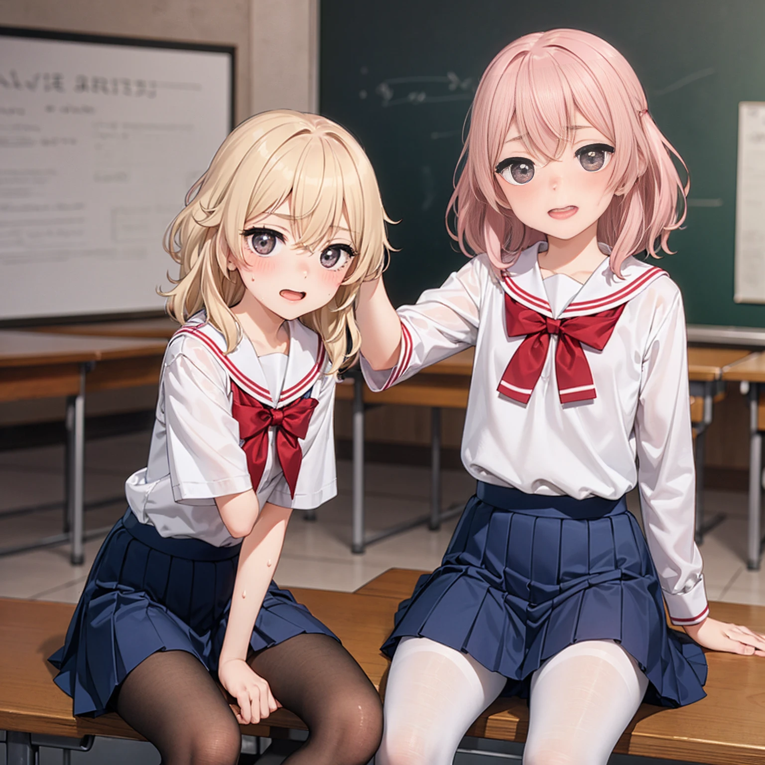 Highest quality,Highest quality,One girl,One boy,((((10 years old)))),Flat Chest,orgasm,blush, Sweat, Sakurai Momoka,Blonde,White Sarah Outfit,Navy Blue Skirt, Not a pleated skirt,whole body,classroom, Grey pantyhose、Flipping up a navy blue skirt、Spread your legs