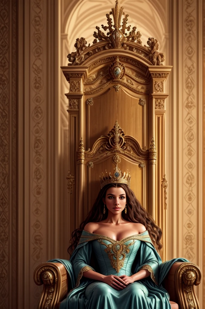 a queen in a medieval european empire style, beautiful intricate crown, elegant flowing gown, regal posture, ornate throne room background, warm lighting, photorealistic, highly detailed, 8k, dramatic lighting, dramatic colors, cinematic composition