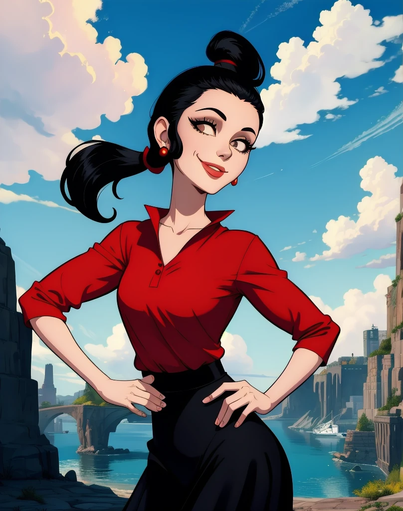 OliveOyl, short black hair with ponytail, black eyes, solo, upper body ,
red shirt , black long skirt, small earrings,
standing,    hips, 
smiling, waterboat,  sunny, clouds,
 (insanely detailed, beautiful detailed face, masterpiece, best quality)
 