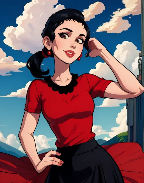 oliveoyl, short black hair with ponytail, black eyes, solo, upper body ,
red shirt , black long skirt, small earrings,
standing,...