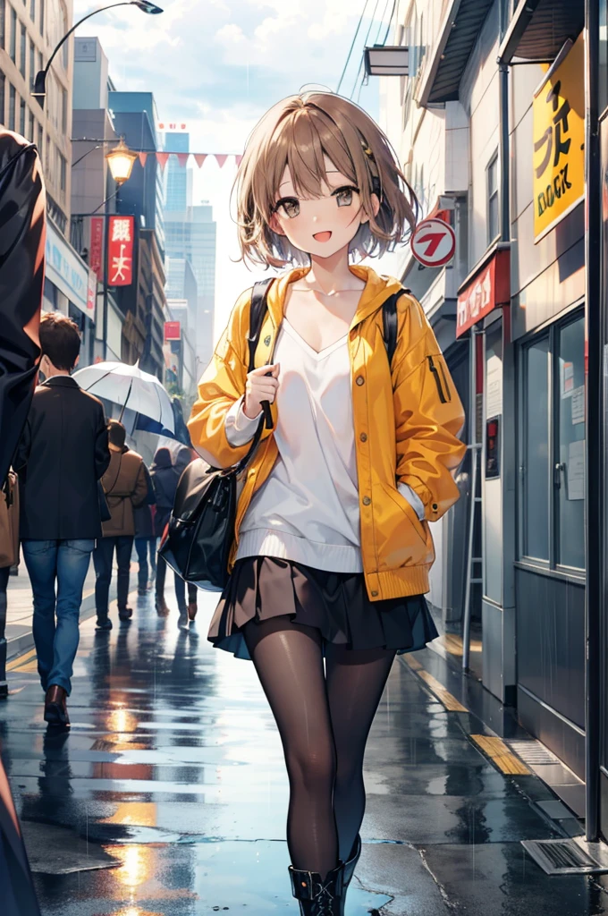Irohaisshiki, isshiki iroha, short hair, Brown Hair, (Brown eyes:1.5), happy smile, smile, Open your mouth,blush,Riders jacket　Open front,V-neck shirt,mini skirt,Black pantyhose,short boots,Walking,He is holding the grip of a black umbrella in his right hand.,rain,cloudy,Walking,whole bodyがイラストに入るように,
break outdoors, Building district,crowd, people々々,
break looking at viewer,whole body,
break (masterpiece:1.2), Highest quality, High resolution, unity 8k wallpaper, (figure:0.8), (Beautiful attention to detail:1.6), Highly detailed face, Perfect lighting, Highly detailed CG, (Perfect hands, Perfect Anatomy),