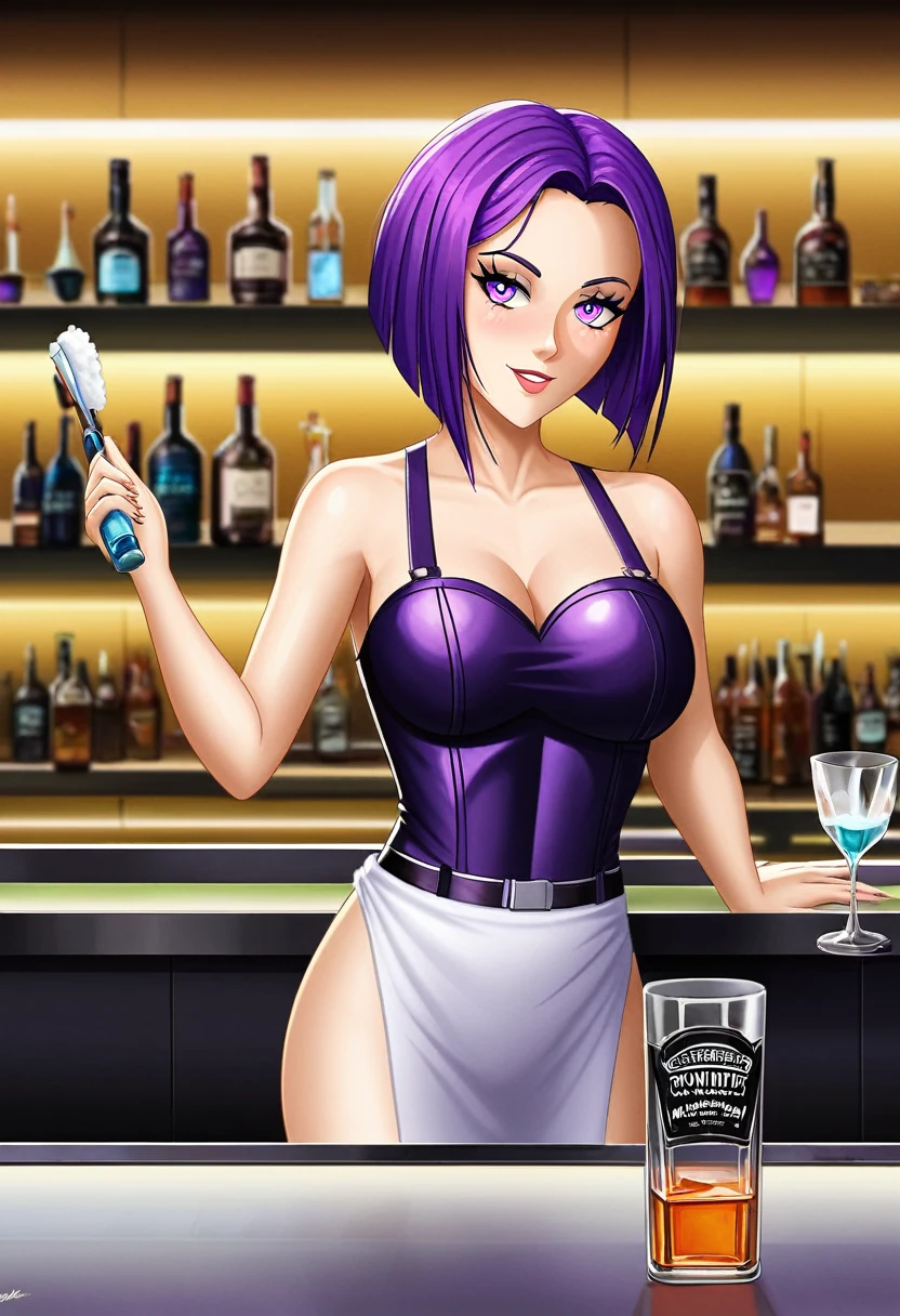 Adult Female, Black purple hair, slanted bob haircut, phlegmatic, stoic expression, perfect purple eyes, cyberpunk bar, bartender, bartender uniform, highly detailed, high quality, perfect quality, 8k, cleaning whiskey glass with towel, solid black pupils, shading