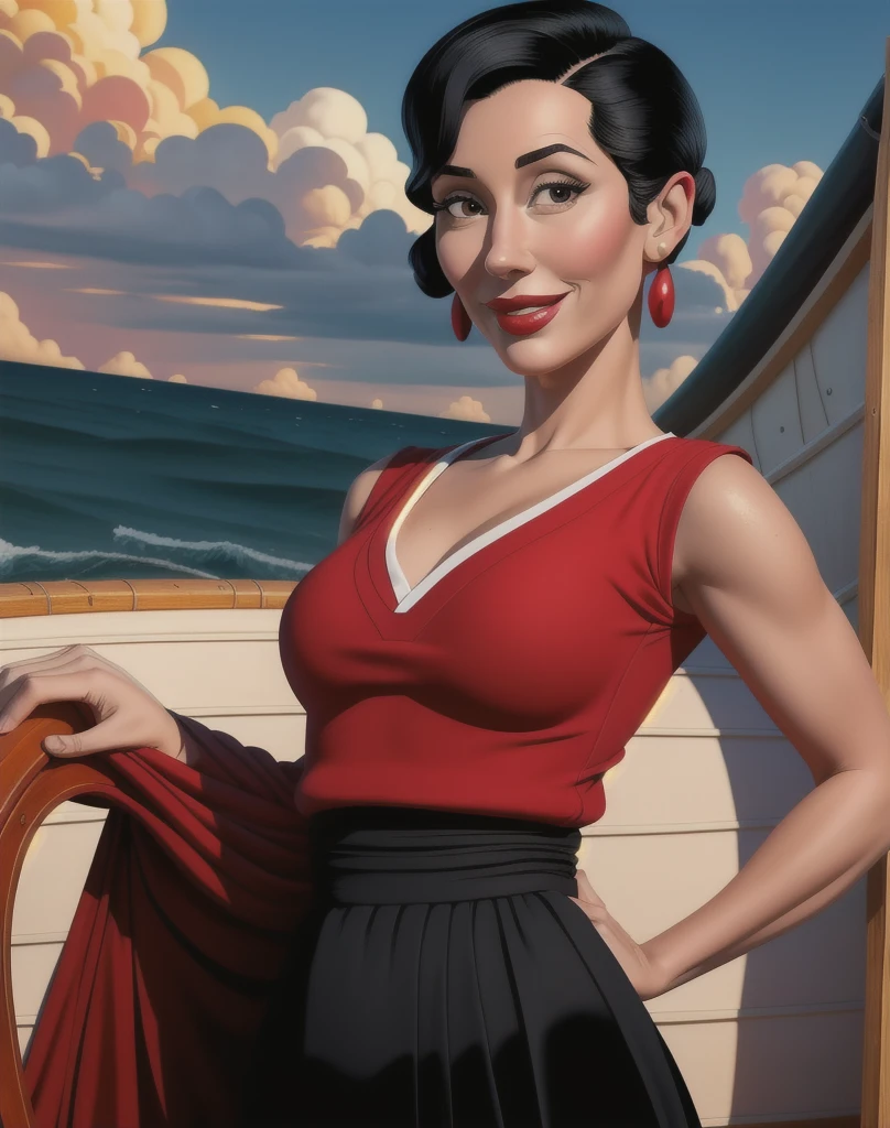 OliveOyl, short black hair with ponytail, black eyes, solo, upper body ,
red shirt , black long skirt, small earrings,
standing,    hips, 
smiling, waterboat,  sunny, clouds,
 (insanely detailed, beautiful detailed face, masterpiece, best quality)
 