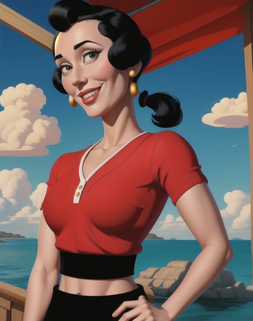 OliveOyl, short black hair with ponytail, black eyes, solo, upper body ,
red shirt , black long skirt, small earrings,
standing,    hips, 
smiling, waterboat,  sunny, clouds,
 (insanely detailed, beautiful detailed face, masterpiece, best quality)
 