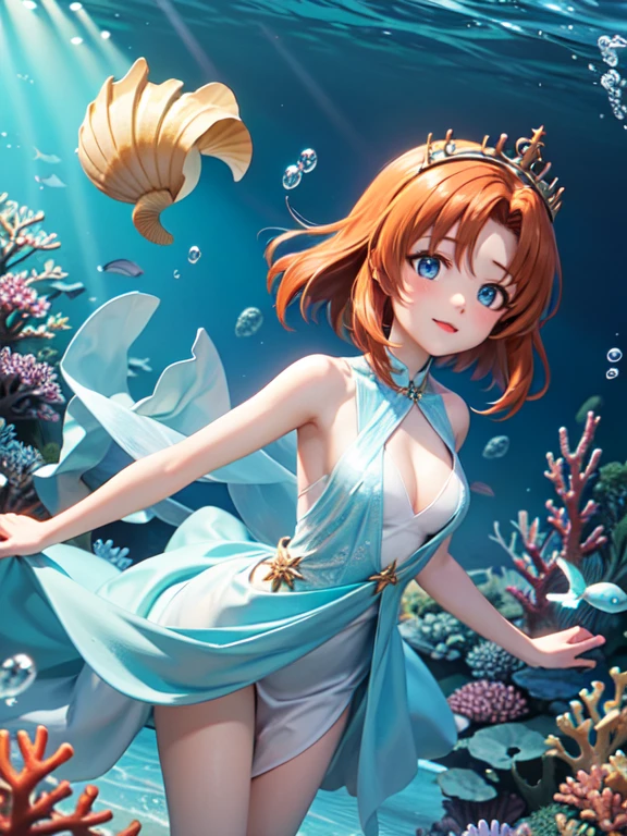 Rena Ryuuguu, orange hair, short hair, blue eyes, One Girl, Flowing Dress, Crystal Crown, Jewels of the Sea, Coral Decoration, Scale pattern, Seashell Accessories, Wave pattern costume, Underwater Light, blue, city, (Queen), Turquoise hair ornament
