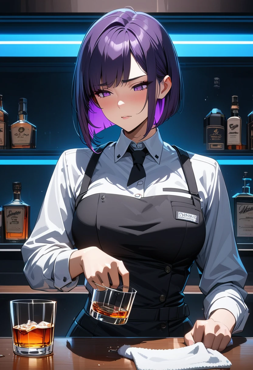 Adult Female, Black purple hair, slanted bob haircut, phlegmatic, stoic expression, perfect purple eyes, cyberpunk bar, bartender, bartender uniform, highly detailed, high quality, perfect quality, 8k, cleaning whiskey glass with towel, solid black pupils, shading