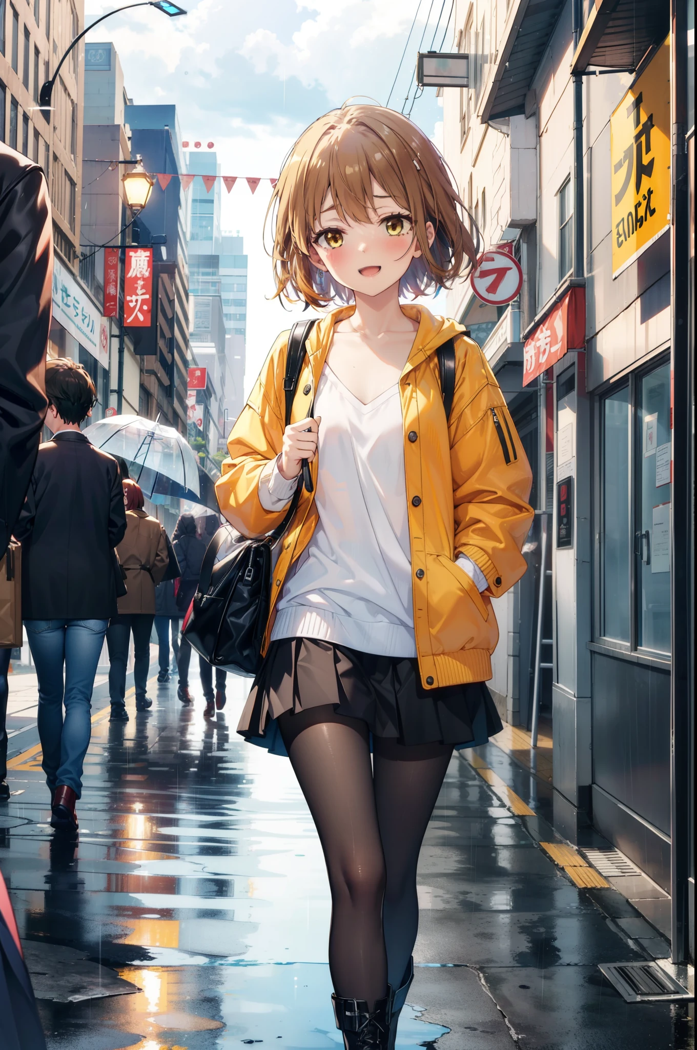 Irohaisshiki, isshiki iroha, short hair, Brown Hair, (Brown eyes:1.5), happy smile, smile, Open your mouth,blush,Riders jacket　Open front,V-neck shirt,mini skirt,Black pantyhose,short boots,Walking,He is holding the grip of a black umbrella in his right hand.,rain,cloudy,Walking,whole bodyがイラストに入るように,
break outdoors, Building district,crowd, people々々,
break looking at viewer,whole body,
break (masterpiece:1.2), Highest quality, High resolution, unity 8k wallpaper, (figure:0.8), (Beautiful attention to detail:1.6), Highly detailed face, Perfect lighting, Highly detailed CG, (Perfect hands, Perfect Anatomy),