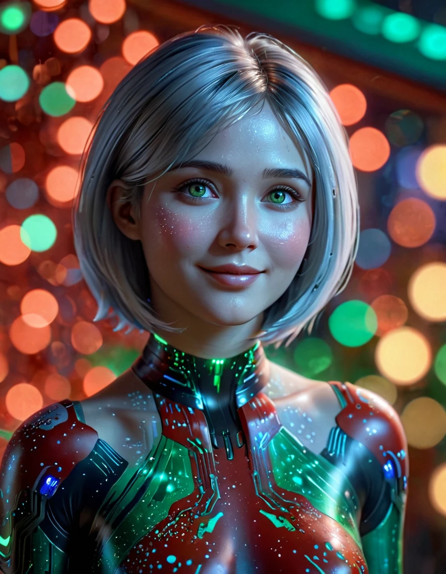 (hyperrealistic, best quality, 4k), sweet, smile, Cortana with ethereal light silver hair and green eyes. in party colorful country red pattern dress, The image should be high-quality, high-definition. cute dynamic pose, bokeh, masterpiece, fujifilm, 8k