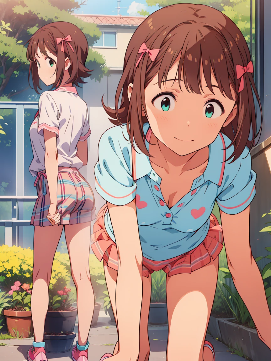 ((1 Girl)) ((Idol Master、Haruka Amami))Happy,Outdoor，garden((Multiple Views))whole body,Low Angle,panties,good,(Checked short sleeve shirt)Unbutton your shirt,Brown Hair、