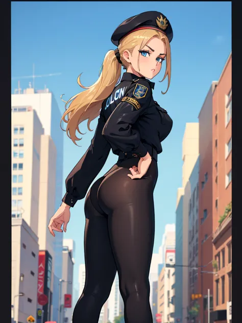 masterpiece, best quality, highres, intricate details, uhd, (((1girl))), ((standing in back position)), gorgeous police woman, s...