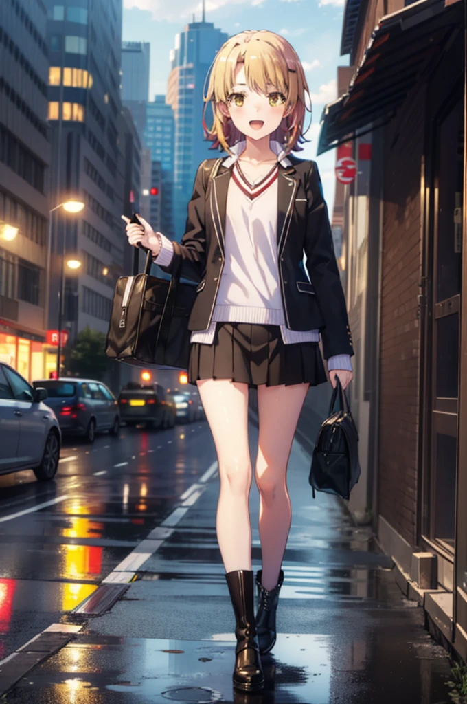 Irohaisshiki, isshiki iroha, short hair, Brown Hair, (Brown eyes:1.5), happy smile, smile, Open your mouth,blush,black rider jacket　Open front,V-neck shirt,mini skirt,Black pantyhose,short boots,Walking,He is holding the grip of a black umbrella in his right hand.,rain,cloudy,Walking,whole bodyがイラストに入るように,
break outdoors, Building district,crowd, people々々,
break looking at viewer,whole body,
break (masterpiece:1.2), Highest quality, High resolution, unity 8k wallpaper, (figure:0.8), (Beautiful attention to detail:1.6), Highly detailed face, Perfect lighting, Highly detailed CG, (Perfect hands, Perfect Anatomy),