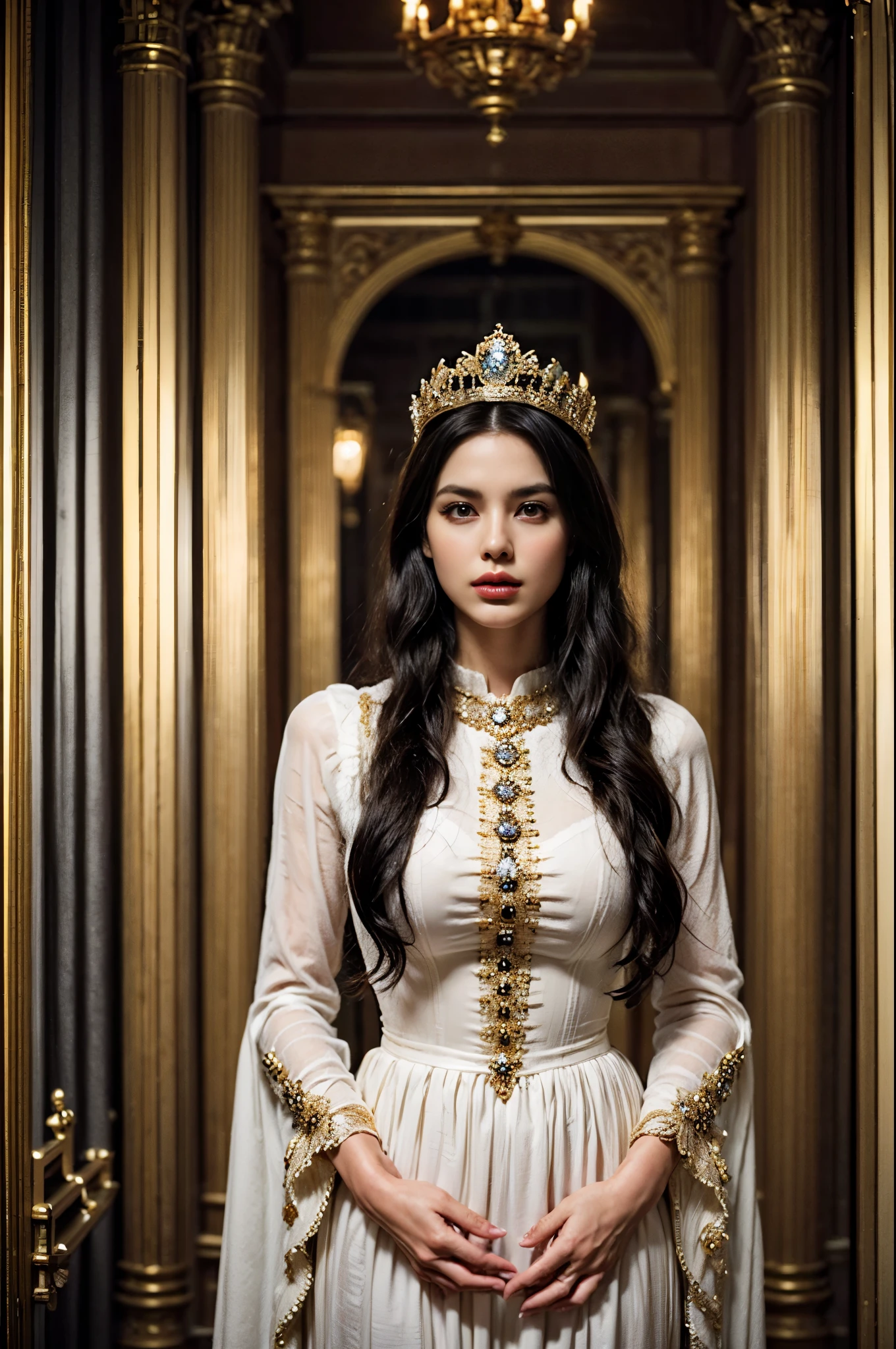 中世紀歐洲帝國風格的女王, 美丽复杂的皇冠, 優雅飄逸的禮服, 帝王姿態, 華麗的王座室背景, 溫暖的燈光, 逼真的, 非常詳細, 8K, 戲劇性的燈光, 戲劇性的色彩, 電影構圖
