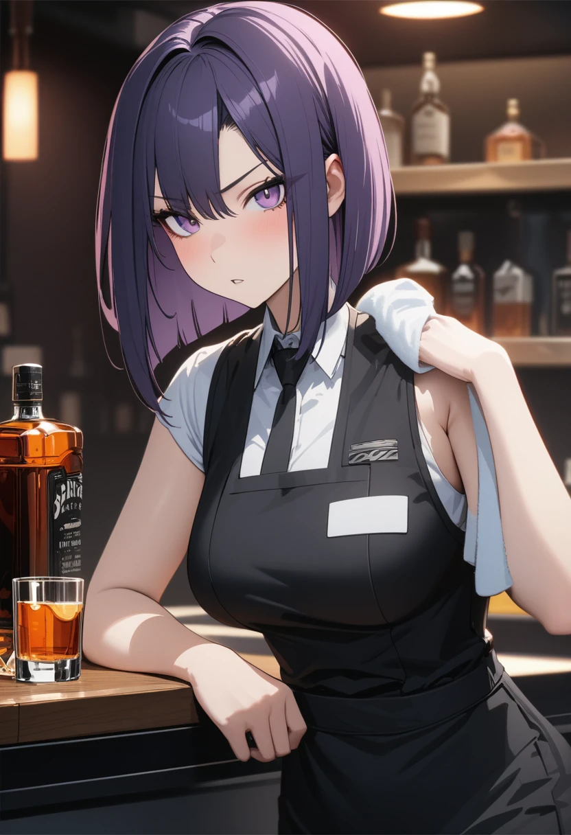 Adult Female, Black purple hair, slanted bob haircut, phlegmatic, stoic expression, perfect purple eyes, cyberpunk bar, bartender, bartender uniform, highly detailed, high quality, perfect quality, 8k, cleaning whiskey glass with towel, solid black pupils