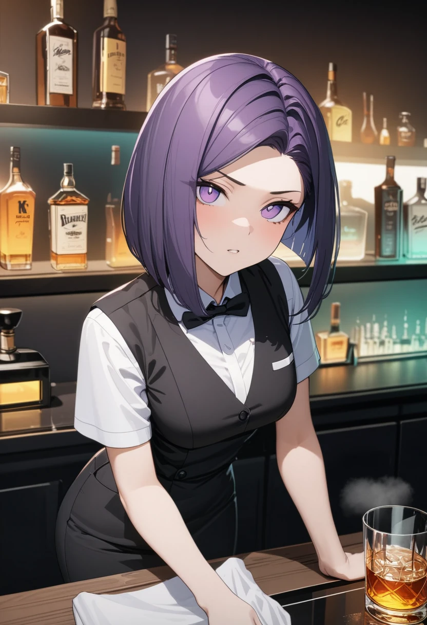 Adult Female, Black purple hair, slanted bob haircut, phlegmatic, stoic expression, perfect purple eyes, cyberpunk bar, bartender, bartender uniform, highly detailed, high quality, perfect quality, 8k, cleaning whiskey glass with towel, solid black pupils