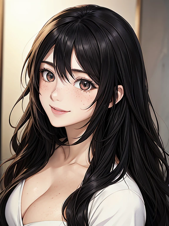 masterpiece, Highest quality, {Highest quality}, {{masterpiece}}, {High resolution}, concentrated, Anime Style, Woman cartoon closeup, Girl Design, times, Portraiture, Gisha, Anime Images, Long Hair, Black Hair, Different Eyes, Hair covering the ears, Happy, Sophisticated and powerful appearance, exotic, expensive, freckles, smile  