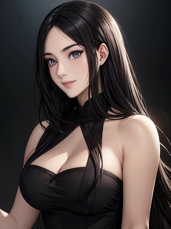 A highly detailed, cinematic anime-style portrait of a beautiful young woman with long black hair, striking heterochromatic eyes, and a cute smile, wearing an elegant dress, atmospheric lighting, vibrant colors, extremely detailed facial features, intricate hair strands, flawless skin, and an exotic, powerful presence, 8k, best quality, masterpiece, photorealistic, ultra-detailed, sharp focus, physically-based rendering, professional, vivid colors, bokeh