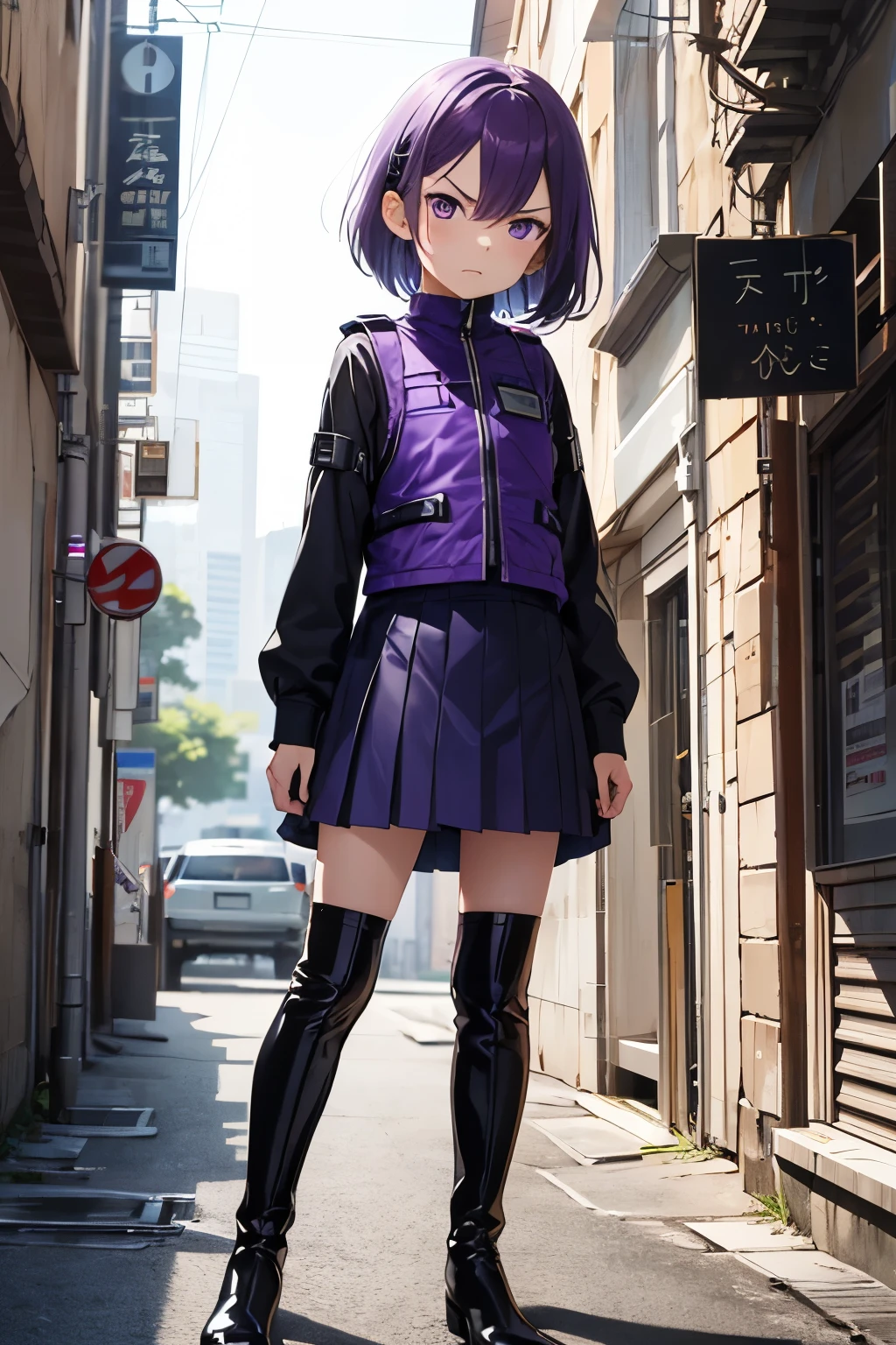 Ultra-detailed,  anime girl, 1girl,  short purple hair,  angry face, purple uniform,  hero style, bulletproof vest  , flat chest,  loli body, latex uniform , skirt,  long boots 