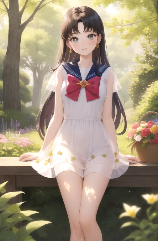 masterpiece, Highest quality, (One Girl), Sailor Mars、Long black hair，Slanted Eyes, Baby Face，Realistic Skin, Ecstasy, Very short stature，Very thin thighs，13 years old，Small child:1.3，((Fully transparent:1.3) Floral Casual Dresses)，Cute blue and white striped underwear:1.4，Sit with your legs apart，outside，garden:1.2，Sunlight filtering through the trees，Depth of subject，Lots of flowers，