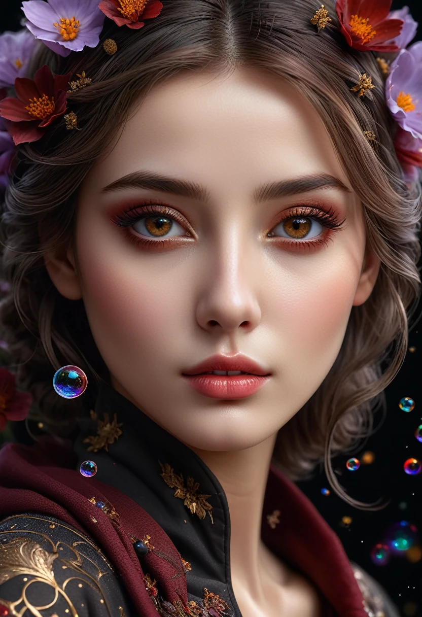 الواقعية الواقعية بجودة 32K, خيالي, فني, جنية رقيقة بملامح ناضجة, شفاه منتفخة, and stunning realistic عيون, (جودة سخيفة للغاية, تفاصيل مفصلة للغاية, دقة فائقة, تركيز واضح وحاد, ليس ضبابي, (بني واقعي_عيون:1.3))), الظلام المثالي_عيونhadows:1.2, تفصيل دقيق للغاية, أنف صغير جميل, استكشاف عالم مليء بالظلال الداكنة من اللون الأسود, رمادي, أحمر, كستنائي, بورجوندي, والخزامى, High-definition close-up portrait centeأحمر on her مفصلة للغاية and beautiful face, وسط بيئة غنية بالتفاصيل مثل النجوم, المجرات, فقاعات ملونة, وبتلات, كل ذلك معزز بالتقزح اللوني والرياح المتلألئة التي تحمل حبوب اللقاح, دقة 8K, معقد, رائع, مفصلة للغاية, مهيب, التصوير الفوتوغرافي الرقمي, ((لقطة بالعرض)), ((لقطة من الجزء العلوي من الجسم:1.35))