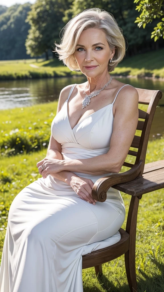 Realistic portrait of a mature woman, 60 years old, wearing white dresses elegant motif. She should have a natural appearance, curvaceous forms, blue eyes, gray hair, smile, Shoot this image in high resolution with a 35mm lens to get a good perspective. Sitting on the chair, river and Meadow views 