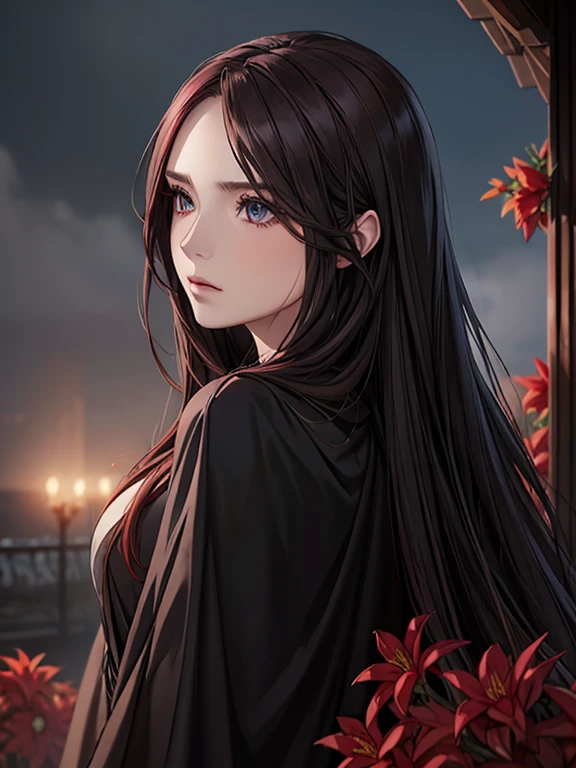 elegant woman in dark cloak, beautiful detailed eyes, extremely detailed face, long silver hair with flowers, one eye partially covered by hair, red flowers, wet hair, emotionless expression, looking back, nighttime, starfall, raining, foggy, red flowers falling, sketch, upper body, strong shadows