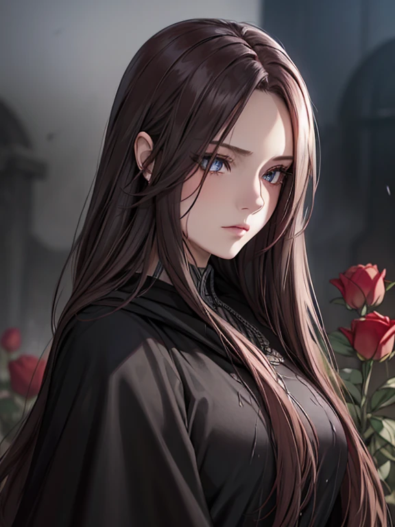 elegant woman in dark cloak, beautiful detailed eyes, extremely detailed face, long silver hair with flowers, one eye partially covered by hair, red flowers, wet hair, emotionless expression, looking back, nighttime, starfall, raining, foggy, red flowers falling, sketch, upper body, strong shadows